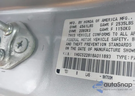 2008 Honda Accord 3.5 Ex-L из США, поврежденный, VIN 1HGCS22818A011893